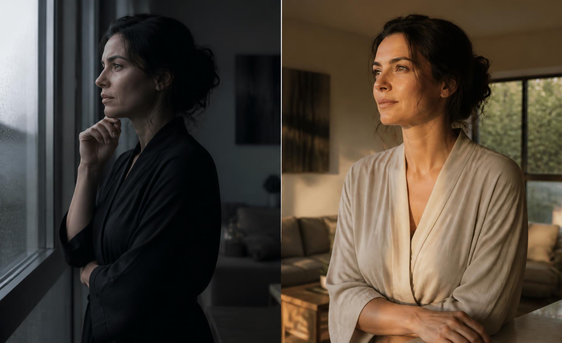 A mesma mulher em dois estados emocionais distintos